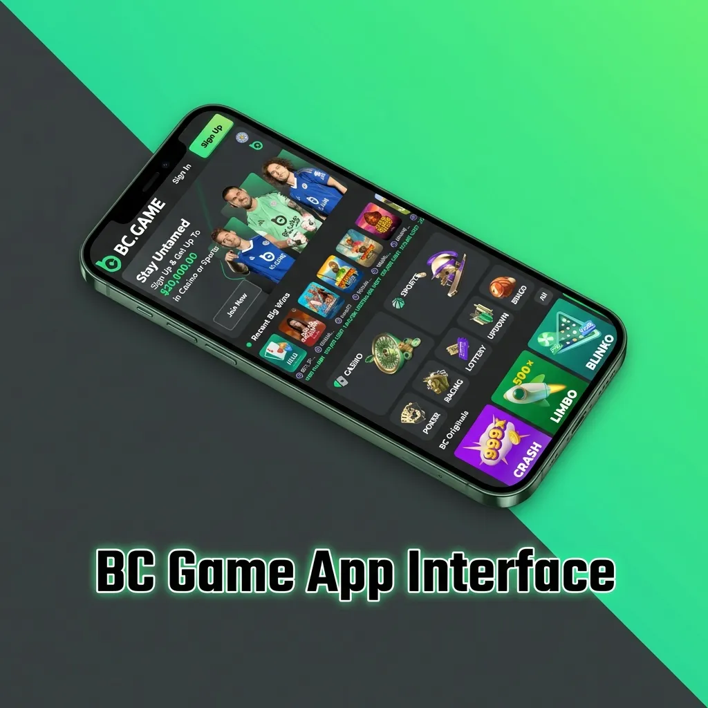BC Game mobile app showing navigation tabs for Casino, Sports, Promotions, and Wallet features