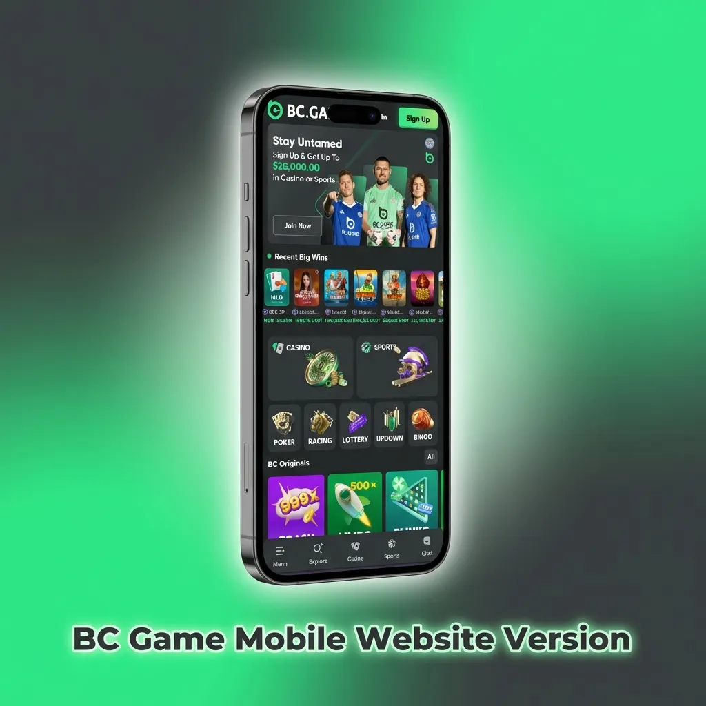 BC Game mobile website interface displaying casino games and betting options on a smartphone screen