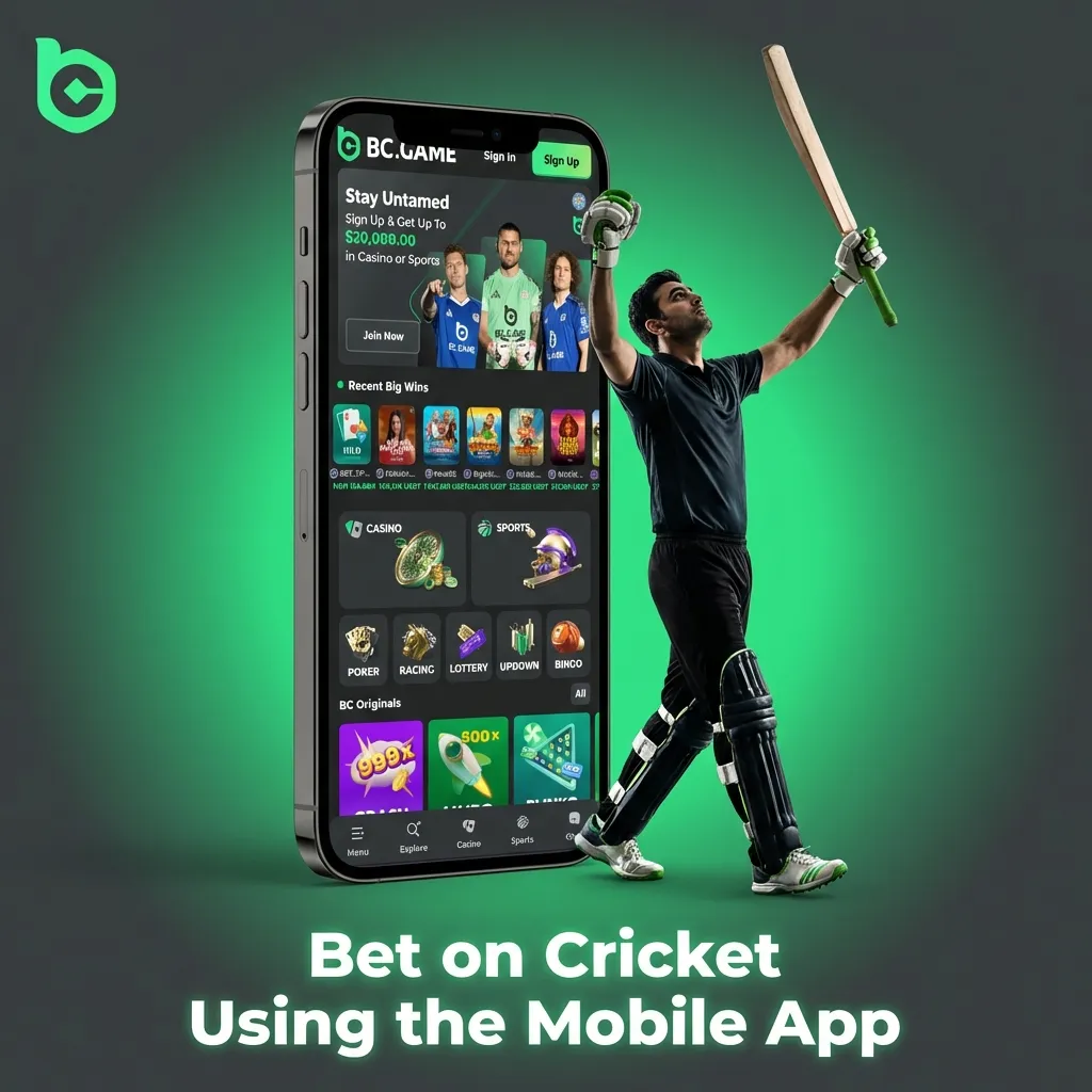 Person using smartphone to place cricket bets on BC Game mobile app with live odds and match statistics displayed