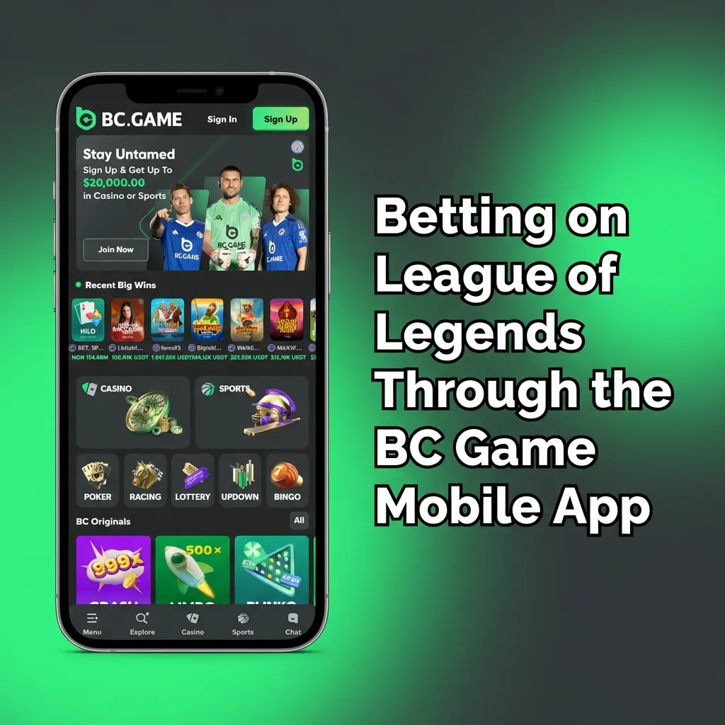 BC Game mobile app interface showing League of Legends esports betting markets and live match options on smartphone screen