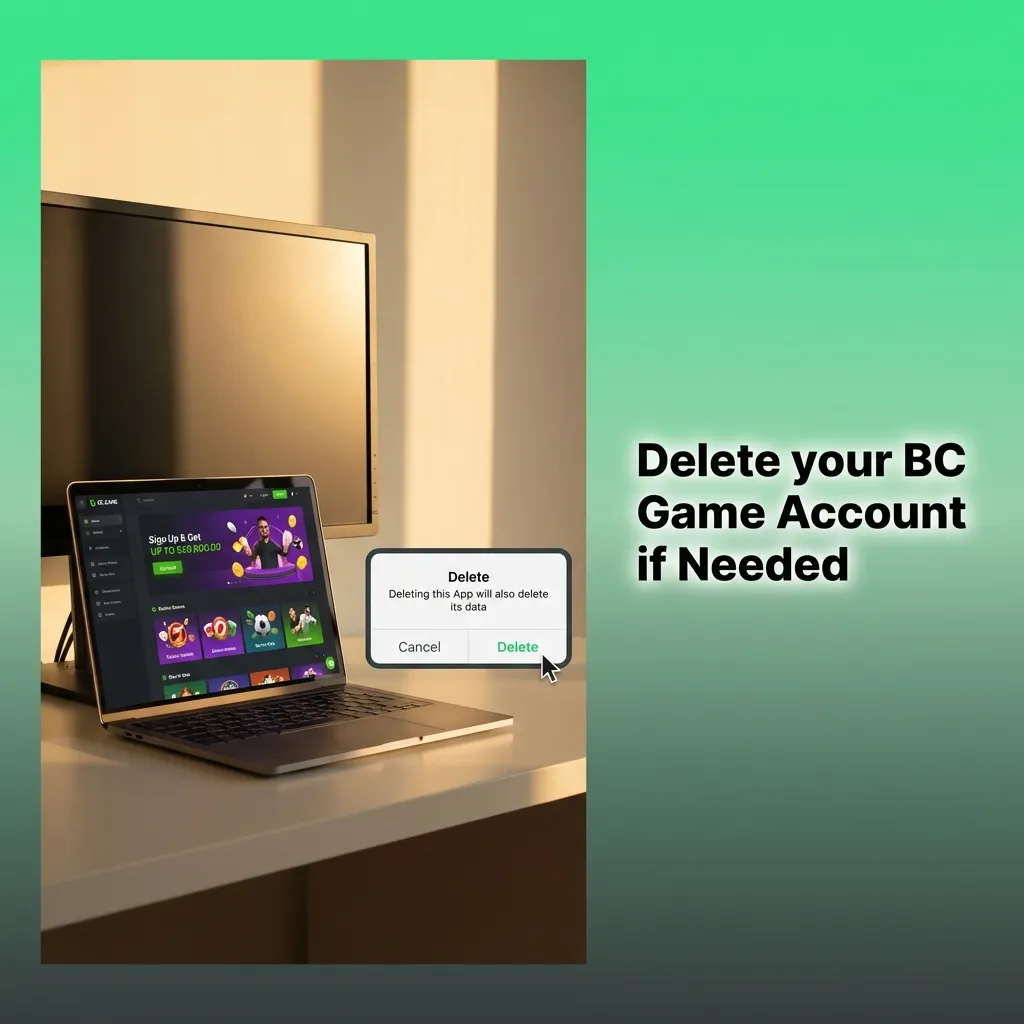 BC Game account deletion menu showing settings, account management, and confirmation steps for closing gambling account