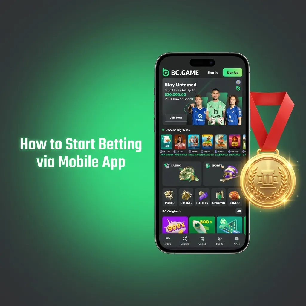 Mobile app interface showing sports betting steps on BC Game with bet slip and match selection options