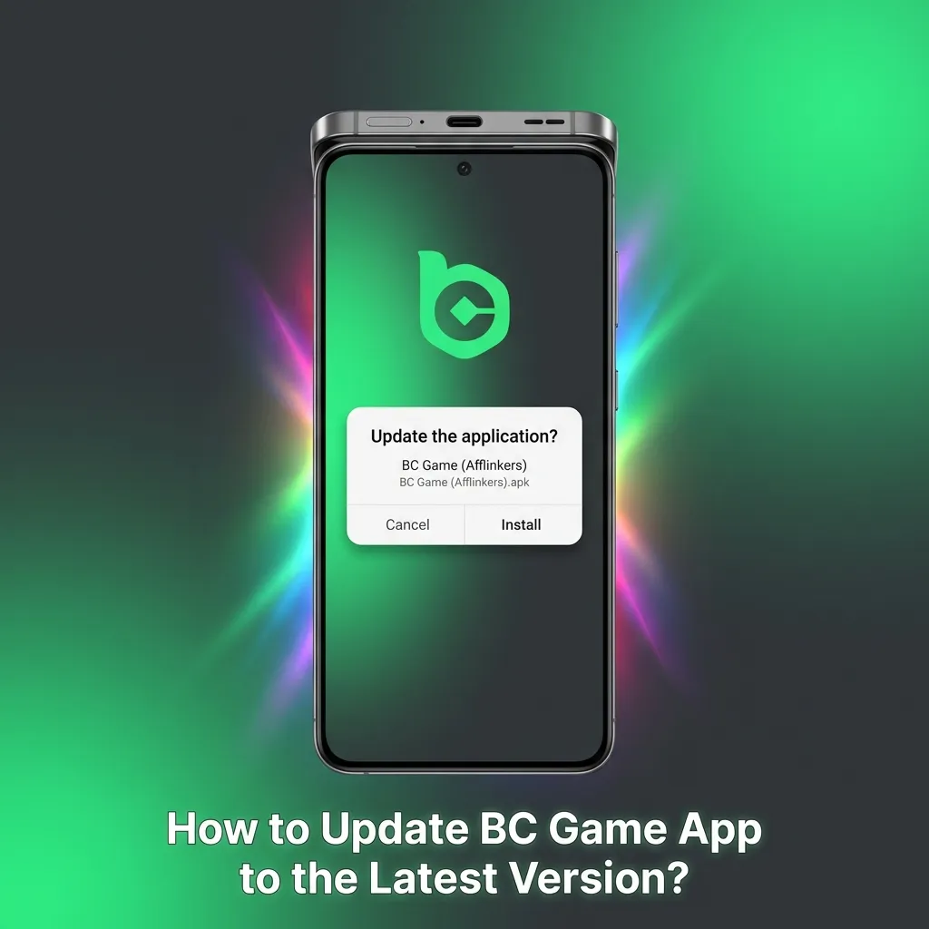 BC Game app update notification on smartphone screen showing download prompt and version information