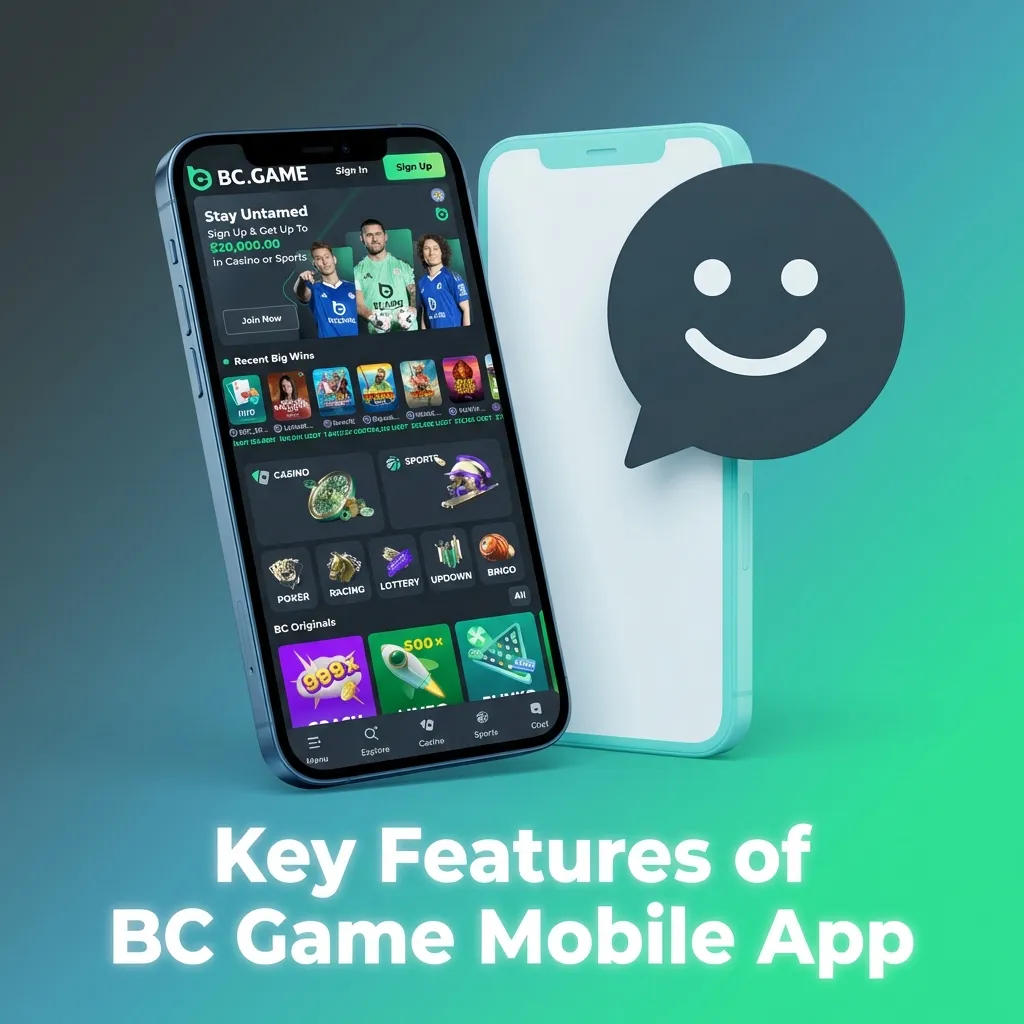 BC Game mobile app interface showing fast crypto withdrawals, UPI payments, casino games, and sports betting options