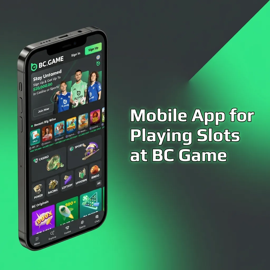 BC Game mobile app interface showing slot games library with touch-optimized controls and navigation menu