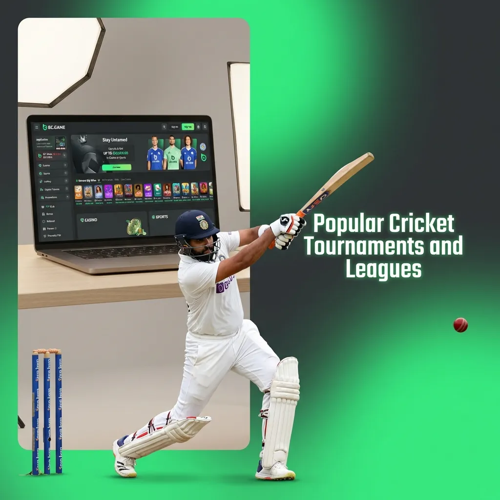 Cricket tournaments page showing IPL, World Cup, T20, and Ashes betting options at BC Game for Indian bettors.