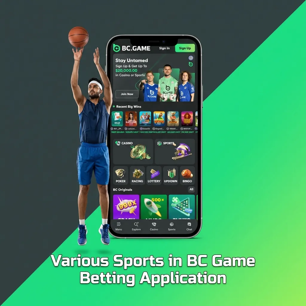 BC Game betting app interface showing multiple sports options including cricket, football, tennis, and eSports