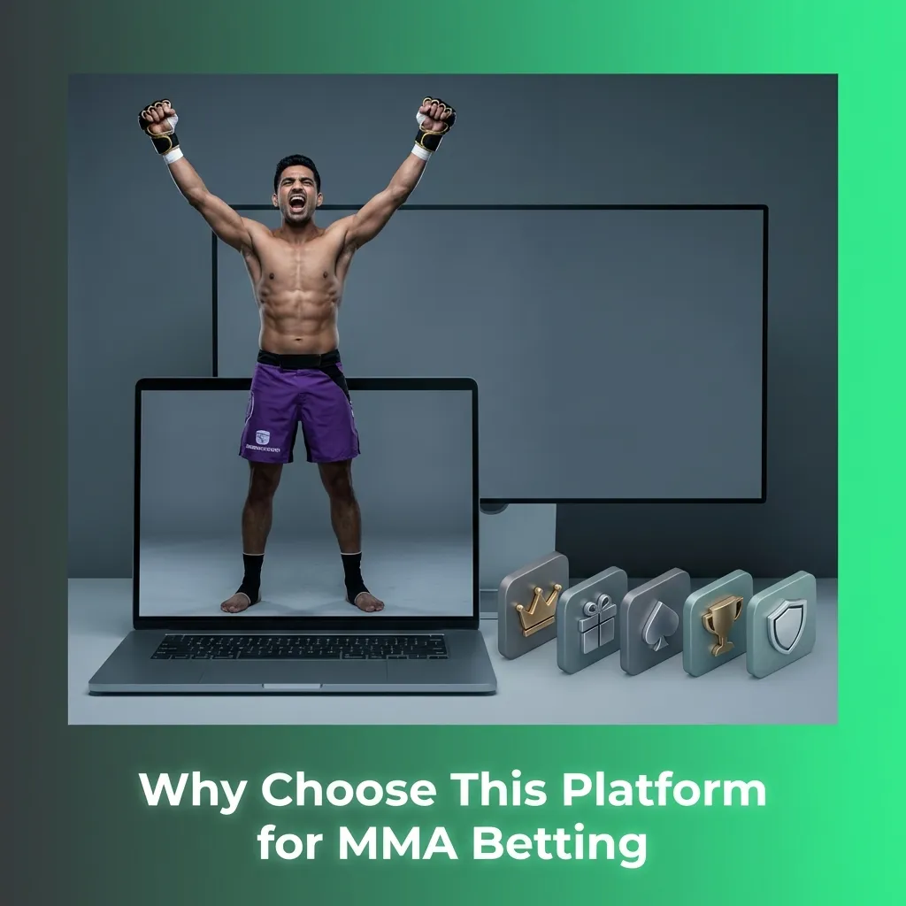 MMA betting platform features including live betting, INR payments, mobile app, crypto options, and customer support